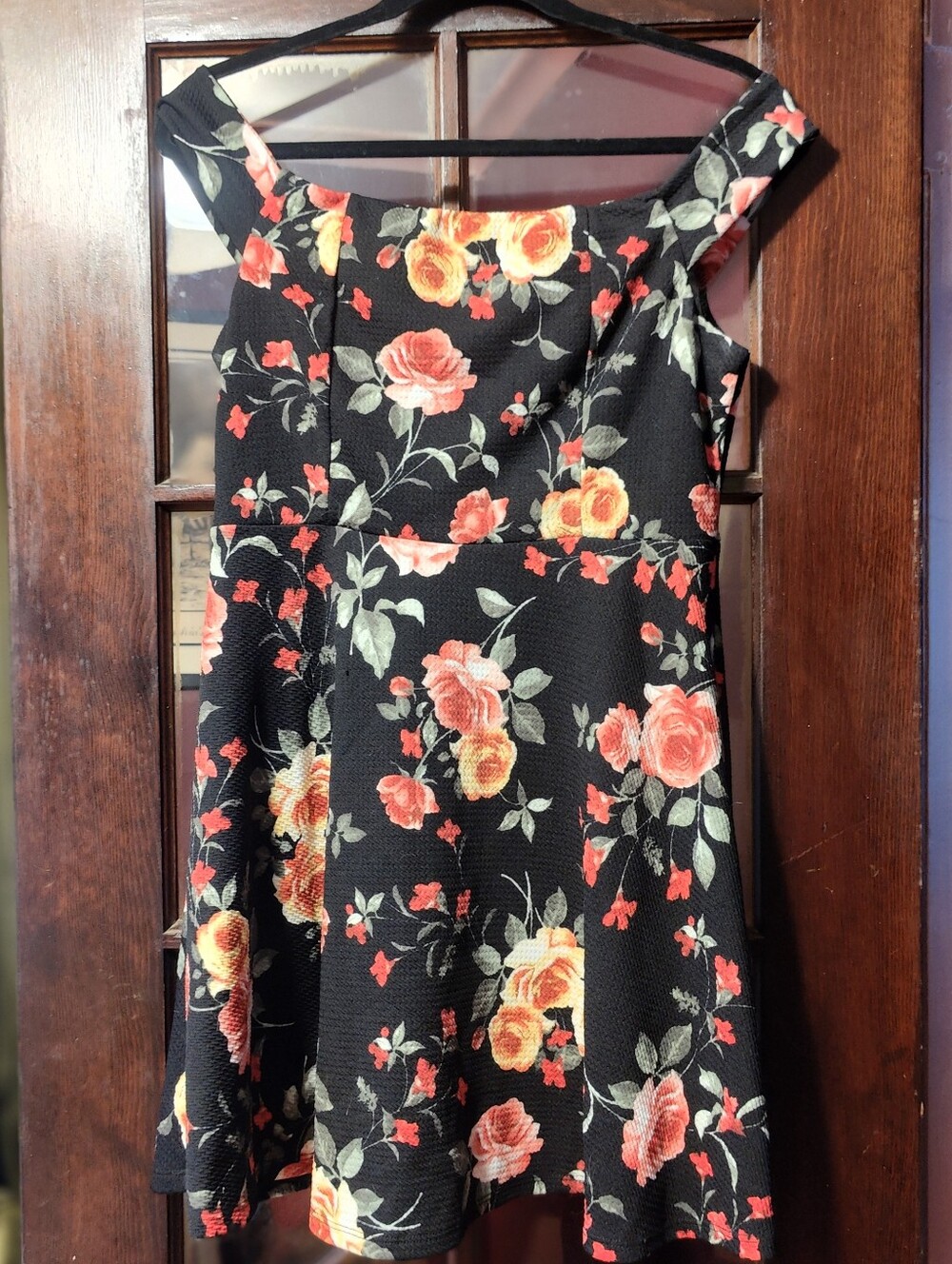 Floral Off-Shoulder Fit & Flare Dress in Black with Red and Peach Roses